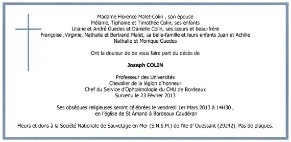 Avis décès Pr Joseph Colin